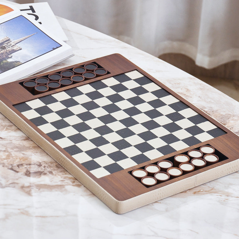 Modern Chess Set Decor: Solid Wood & Leather Board with Pieces - Showroom, Hotel, Desktop Luxury Accent