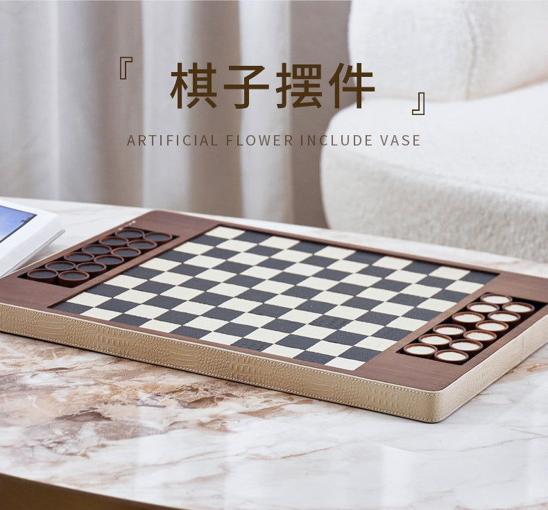 Modern Chess Set Decor: Solid Wood & Leather Board with Pieces - Showroom, Hotel, Desktop Luxury Accent