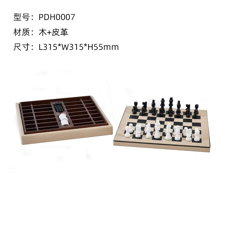 Modern Chess Set Decor: Solid Wood & Leather Board with Pieces - Showroom, Hotel, Desktop Luxury Accent