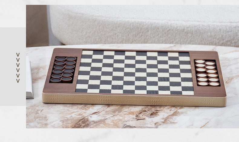 Modern Chess Set Decor: Solid Wood & Leather Board with Pieces - Showroom, Hotel, Desktop Luxury Accent
