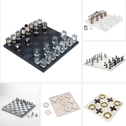 Modern Chess Set Decor: Solid Wood & Leather Board with Pieces - Showroom, Hotel, Desktop Luxury Accent