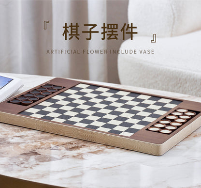 Modern Chess Set Decor: Solid Wood & Leather Board with Pieces - Showroom, Hotel, Desktop Luxury Accent