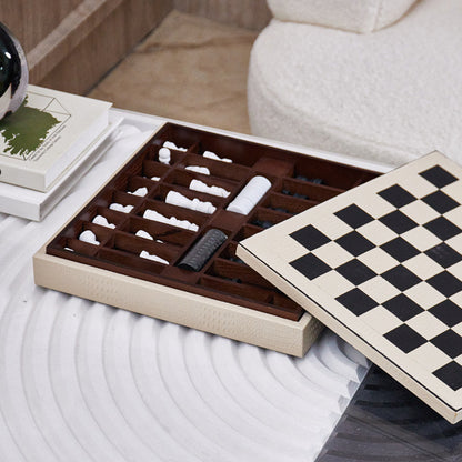Modern Chess Set Decor: Solid Wood & Leather Board with Pieces - Showroom, Hotel, Desktop Luxury Accent