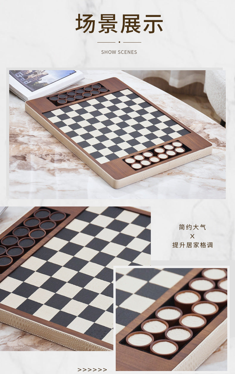 Modern Chess Set Decor: Solid Wood & Leather Board with Pieces - Showroom, Hotel, Desktop Luxury Accent