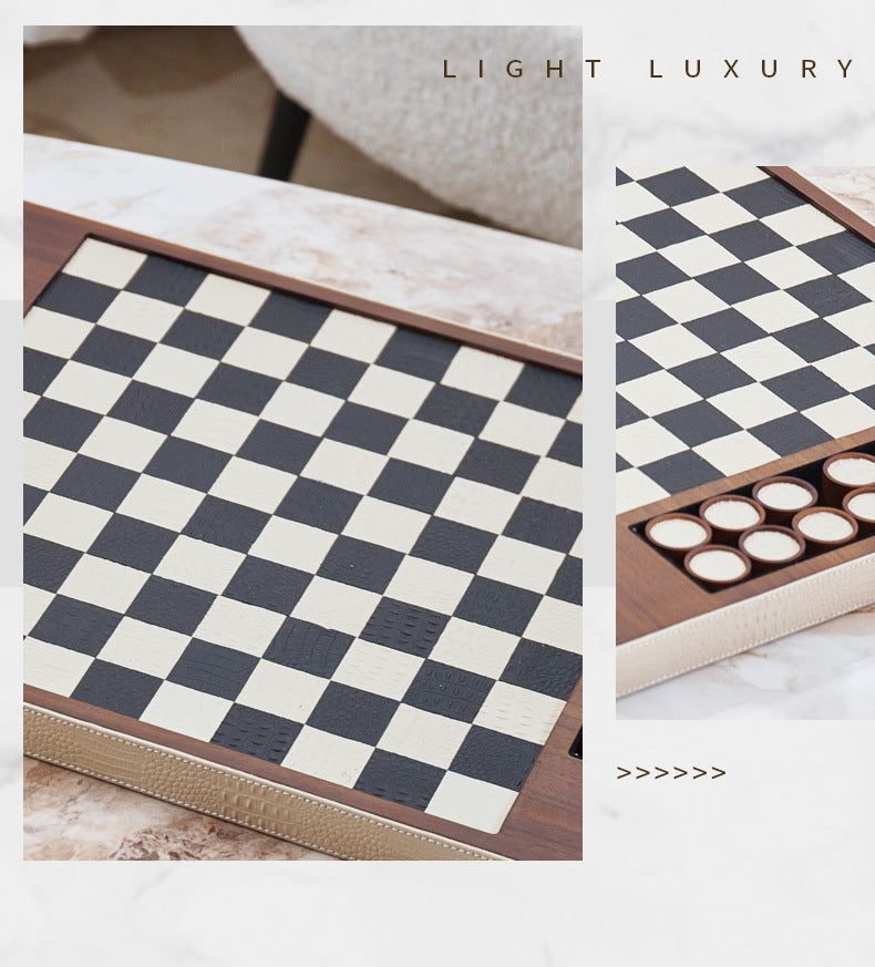 Modern Chess Set Decor: Solid Wood & Leather Board with Pieces - Showroom, Hotel, Desktop Luxury Accent